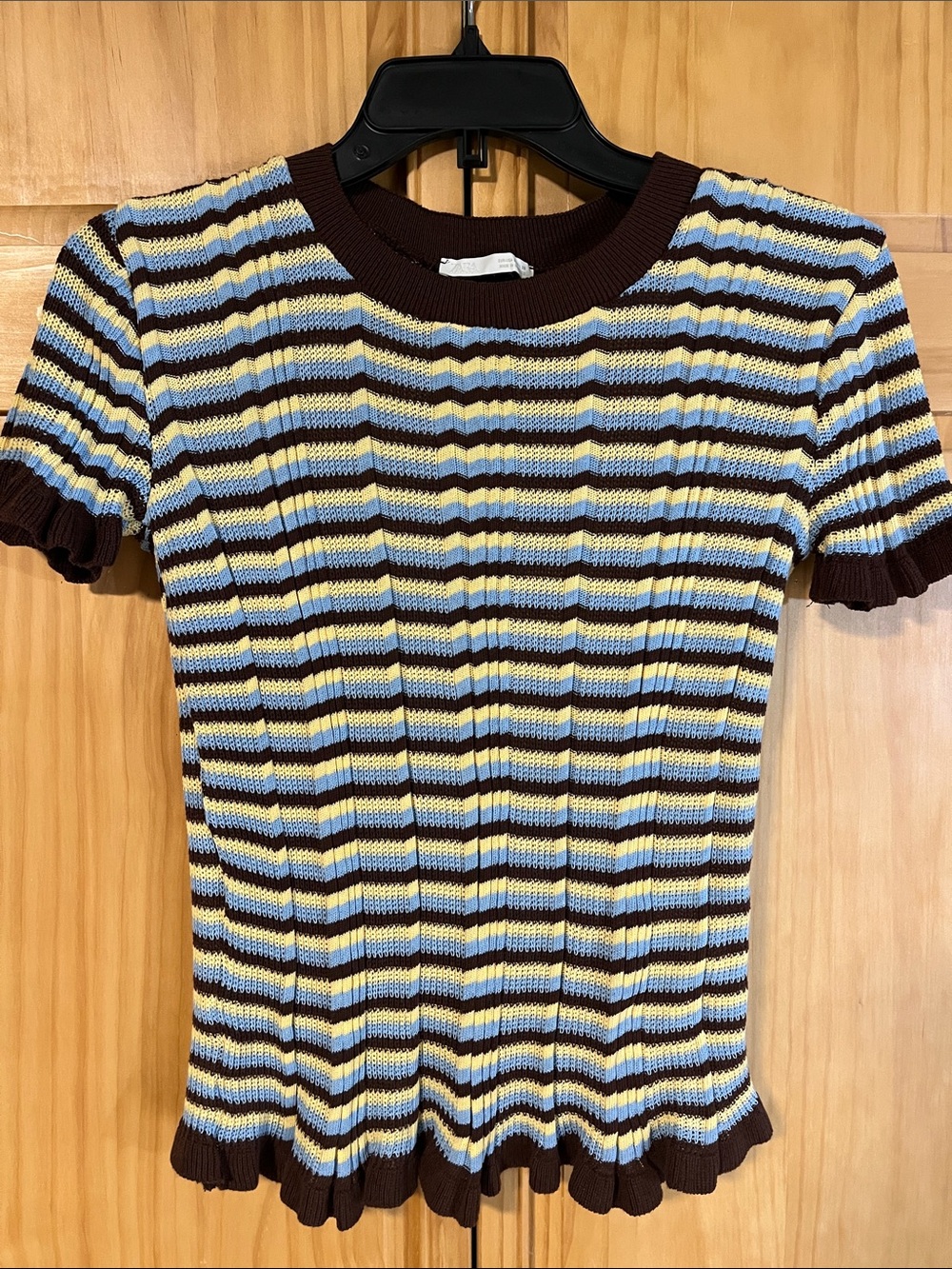Zara Brown Striped Short-Sleeve Knit Top with Blue & Yellow